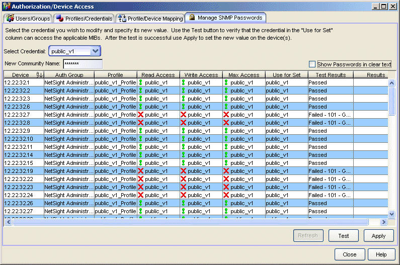 Manage SNMP Passwords Tab