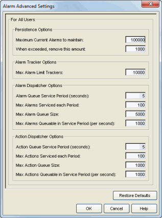 Alarm Advanced Settings Window