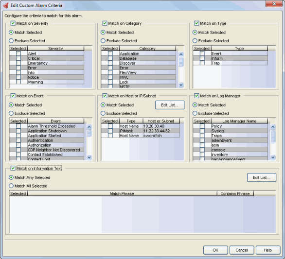 Alarm Action Configuration Window