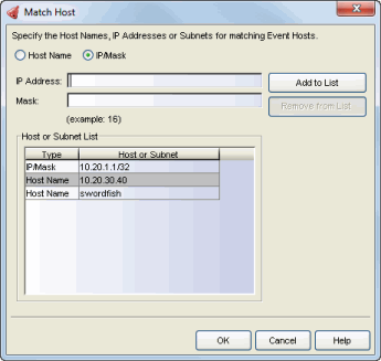 Match Host IP or Subnet List Window