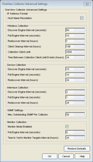 OneView Collector Advanced Settings Window