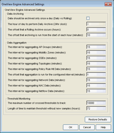 OneView Engine Advanced Settings Window