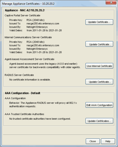 Manage Appliance Certificates Window