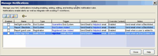 Manage Notifications Window