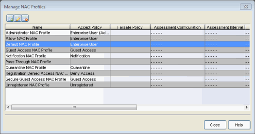 Manage NAC Profiles Window